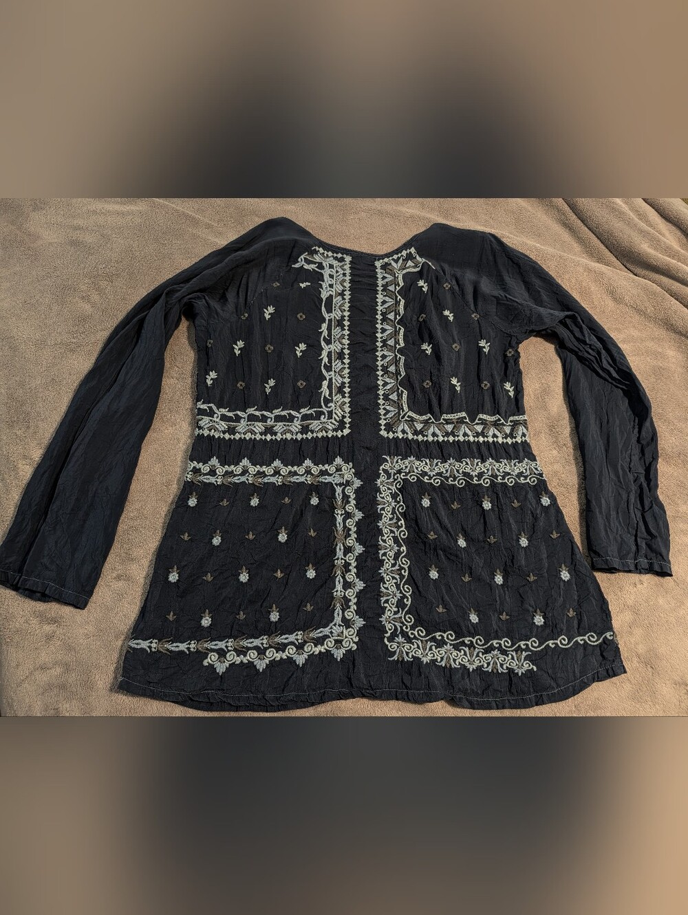 Johnny Was Embroidered Blue Silk Blend Boho Tunic Top M Mended